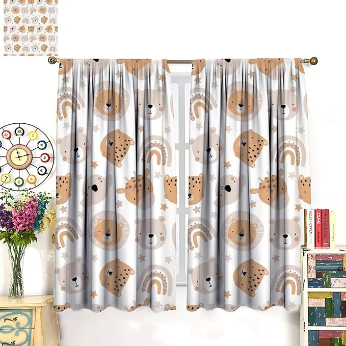 Cartoon Boho Animal Curtains,Funny Forest Safari Print,Cute African Wildlife Koala Giraffe Lion Leopard Bear Rainbow Blackout Window Drapes for Boys Girls Kids Baby Child Bedroom 84x84in