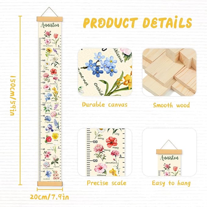 Personalized Name Height Chart for Kids, Kids Growth Chart for Wall, 59" X 7.9" Canvas Removable Height Chart Measuring Ruler for Kids & Baby(Paint Flowers-1）