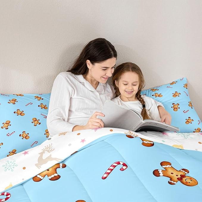 jejeloiu Kids Cute Gingerbread Man Comforter Set Full Size Christmas Theme Bedding Set for Boys Girls Teens Xmas Candy Cane Happy New Year Duvet Quilt Room Decor