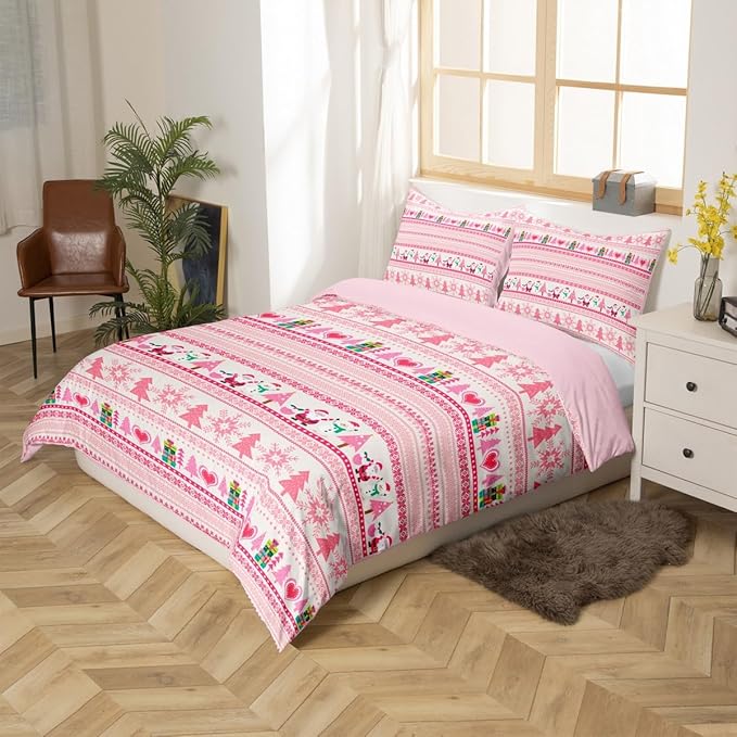 Christmas Comforter Cover Cartoon Santa Claus Snowman Bedding Set Pink Snowflake Christmas Tree Duvet Cover for Kids Boys Girls Microfiber Boho Stripes Bedspread Cover Room Decor Bedclothes King Size