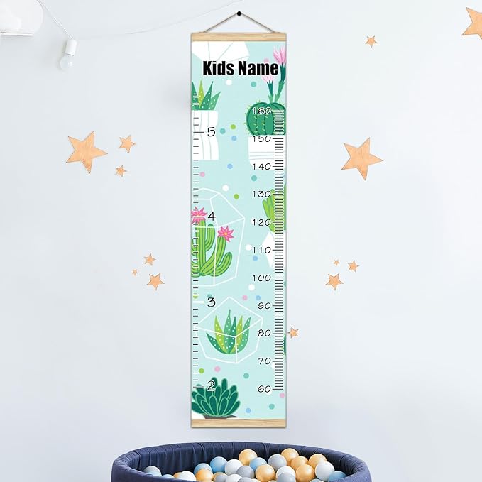 Personalized Kids Name Growth Chart Ruler for Wall Wood Frame Height Measure Chart 13.4x56 in Linen Hanging Height Growth Chart Cactus Green Kids Room Decor