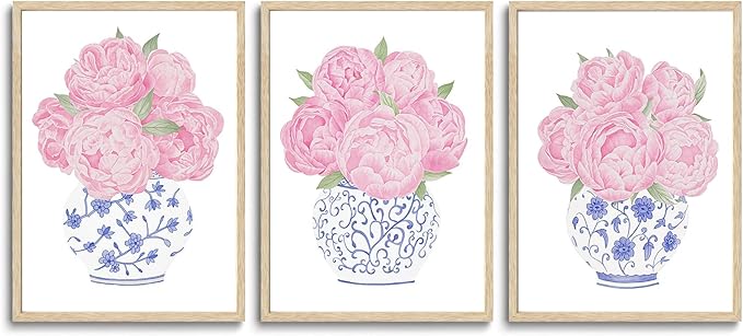 CHMMART 3 Piece Pink Floral Framed Wall Art Blue and White Chinoiserie Flower Canvas Art Prints Peony Pictures Wall Decor Painting Artwork for Living Room Bedroom Bathroom 16x20in