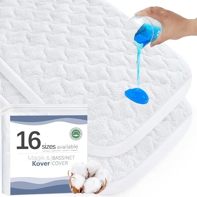 Bassinet Mattress Pad Cover 33" x 20"-Fit for Koola Baby, Mika Micky, ANGELBLISS, YADAQE, Dream On Me,Papablic, AMKE, Baby Delight Bedside, Waterproof Bassinet Mattress Protector, Cotton Terry Surface