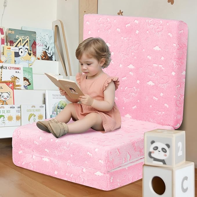 MeMoreCool Glow Pink Unicorn Foldable Floor Mattress for Kids, Trifold Nap Mat for Toddlers, Portable Daycare Sleeping Futon or Floor Bed, 57x22 Inch