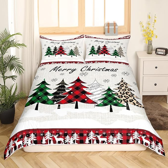 Manfei Xmas Trees Duvet Cover Set King Size, Merry Christmas Bedding Set 3pcs for Kids Boys Girls, Pine Trees Snowflake Deers Comforter Cover Soft Polyester Quilt Cover with 2 Pillowcases,No Comforter