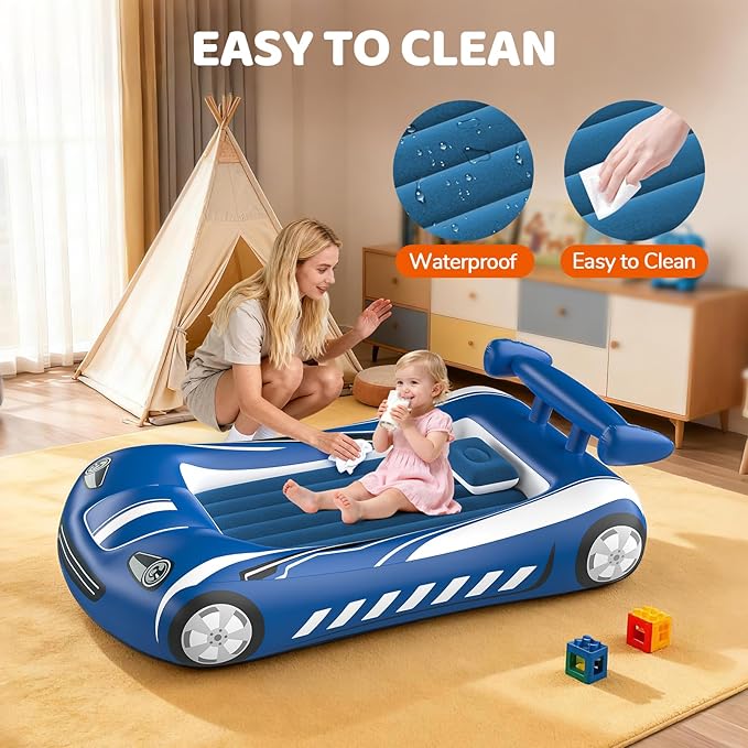 Inflatable Toddler Travel Bed - Kids Air Mattress with Car Design,Toddler Blow Up Mattress for Baby Camping, Travel, Hotel, Grandma's Sleepovers or Home Use, Includes Electric Pump