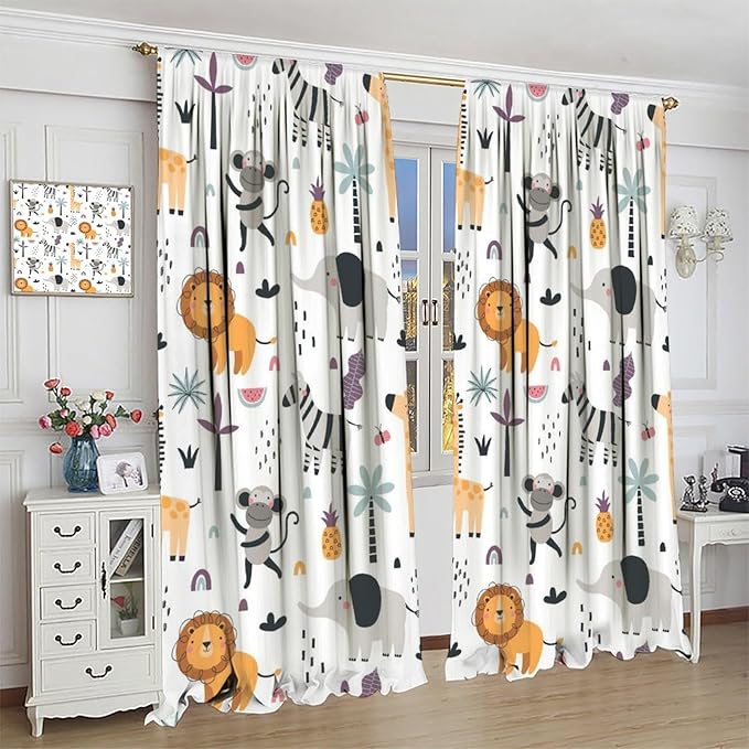 Cute Cartoon Animals Curtains Tropical Jungle Animals Elephant Giraffe Monkey Lion Modern Abstract Aesthetics for Kids Boys Bedroom Nursery Rod Pocket Decoration Window Drapes 2 Panels W21xL54in