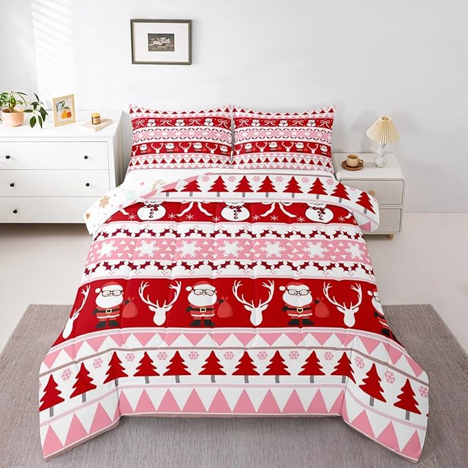 Feelyou Merry Christmas Tree Kids Comforter Set King Size Cute Snowman Bedding Set Santa Claus Duvet Quilt for Kids Boys Girls Bedroom Cartoon Bowknot Decor Microfiber Ultra Soft Breathable
