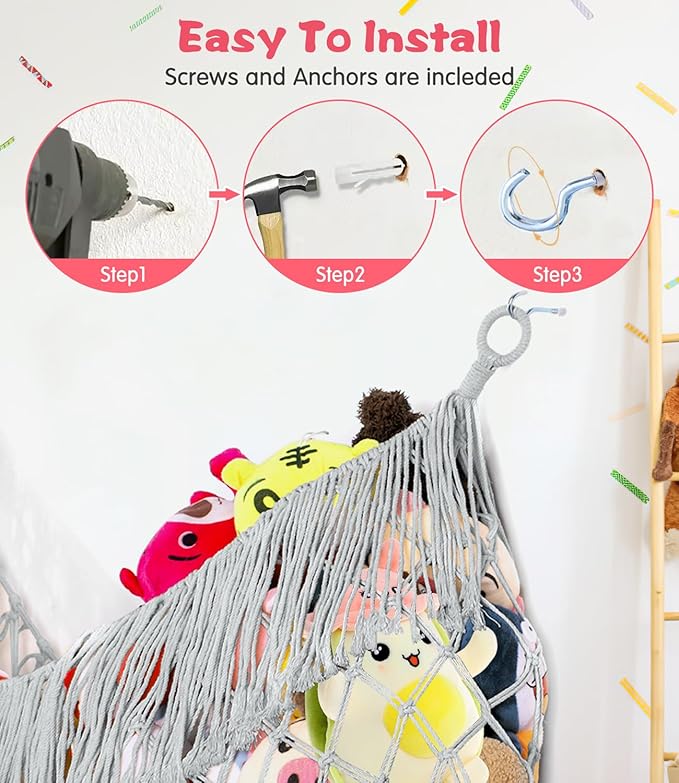 Stuffed Animal Hammock - Extra Large 56'' Long, Stuffed Animal Storage, stuffed animal Holder net, Toy Hammock Large, Toy Storage Hanging Organizer - Light grey
