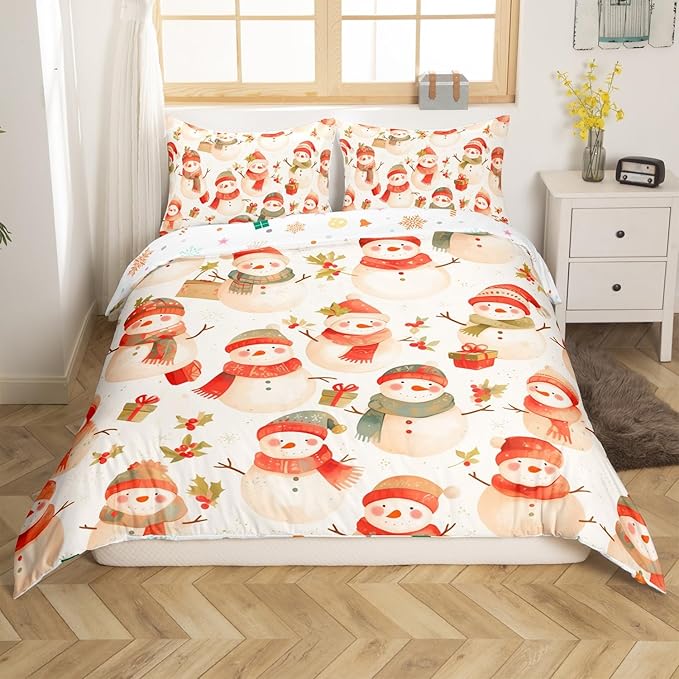 Manfei Cute Snowman Duvet Cover Set Twin Size, Christmas Theme Bedding Set for Kids Kids Girls Room Decor, Western New Year Comforter Cover, Lightweight Bedspread Cover, 1 Pillowcase, No Comforter