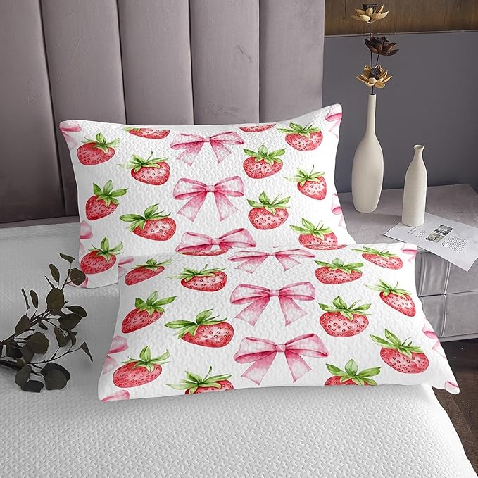 Pink Bowknot Kids Bedspread Queen Size,Strawberry Summer Fruit Cartoon Cute Coverlet Set,Girls Women Room Decor,Bow Tie Butterfly Knot Princess Quilted Coverlet,Unique Bedding Quilt,2 Pillowcases