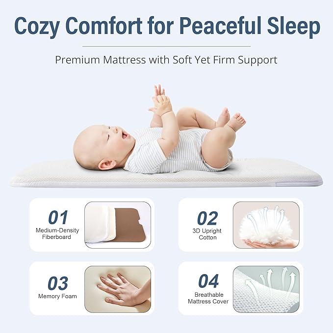 Baby Bassinet Bedside Sleeper 3-in-1, Easy Night Feeding with One-Side Fold & Rolling Wheels, Breathable Mesh, 6-Height Adjustable, Soft Mattress for Newborns