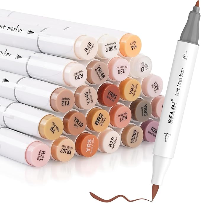SFAIH Skin Tone Alcohol Markers Brush & Fine - 25 Portrait Color Permanent Markers for Adults/Teen/Artists/Creators, Blendable Art Markers for Coloring Sketch & Drawing & Illustration-Refillable Ink