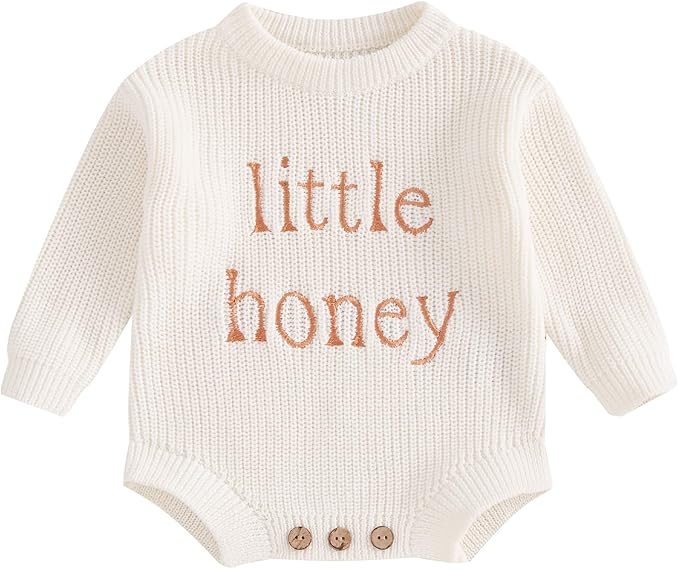Lesimsam Newborn Baby Boy Girl Valentines Day Outfit Oversized Embroidery Long Sleeve Knit Sweater Bubble Romper Bodysuit
