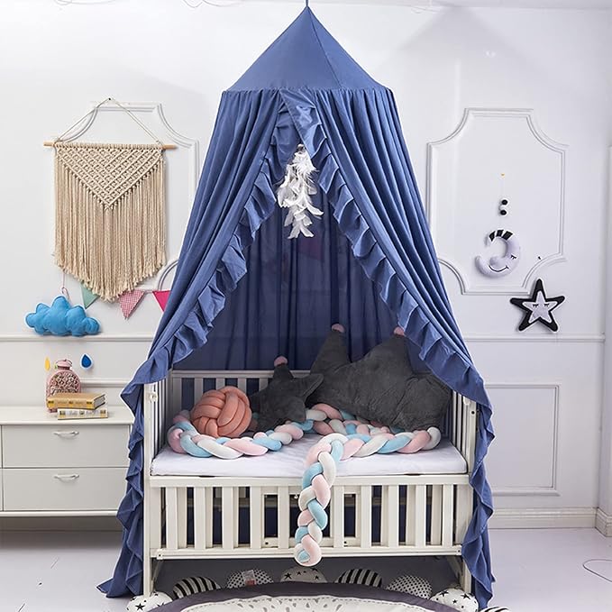 Bed Canopy, Kids Bed Canopies with Lace Bed Room Decor Hanging House Castle Reading Nook Dream Canopy for Girls Princess, Full Queen Size(Navy Blue)