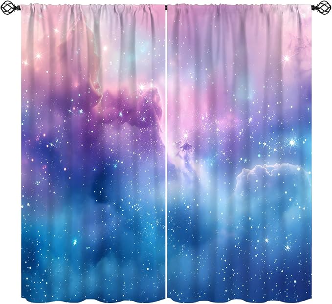 Starry Sky Galaxy Curtains, Outer Space Glitter Dreamy Gradient Romantic Blackout Window Curtains Drapes for Kids Girls Boys Adults Bedroom Nursery 42" W X 45" L