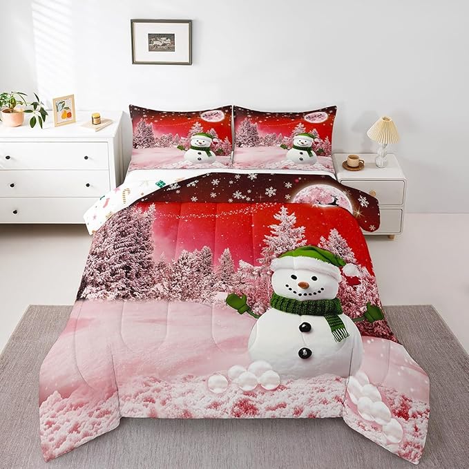 Feelyou Kids Merry Christmas Decorations Toddler Size Comforter Set Xmas Snowman Bedding Set Red Quilt Set Soft Warm Lightweight Duvet Set