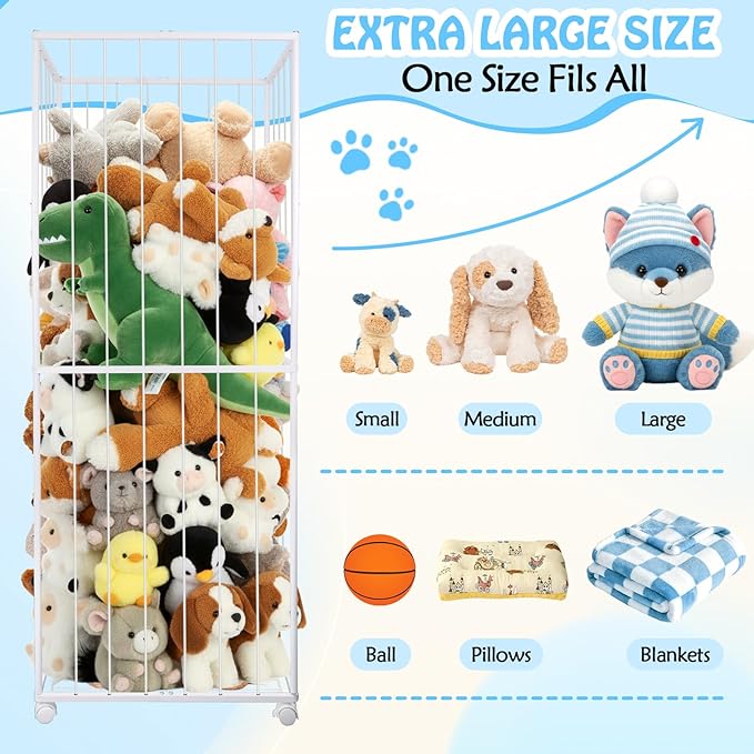 Stuffed Animal Storage, Metal Tube Extra Large Toy Storage Organizer with Brake Wheels, Stuffed Animal Holder Zoo Organizer for Nursery Playroom Kids Room White(61” x 23.6”x 16.5”)