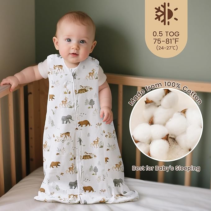 PHF Soft Baby Sleep Sack 6-12 Months 100% Organic Cotton Wearable Blanket, 2-Way Zipper 0.5 TOG Toddler Sleeping Sack 3 Pack, Comfy Sleep Bag for Baby Boys Girls, Woodland (Medium)