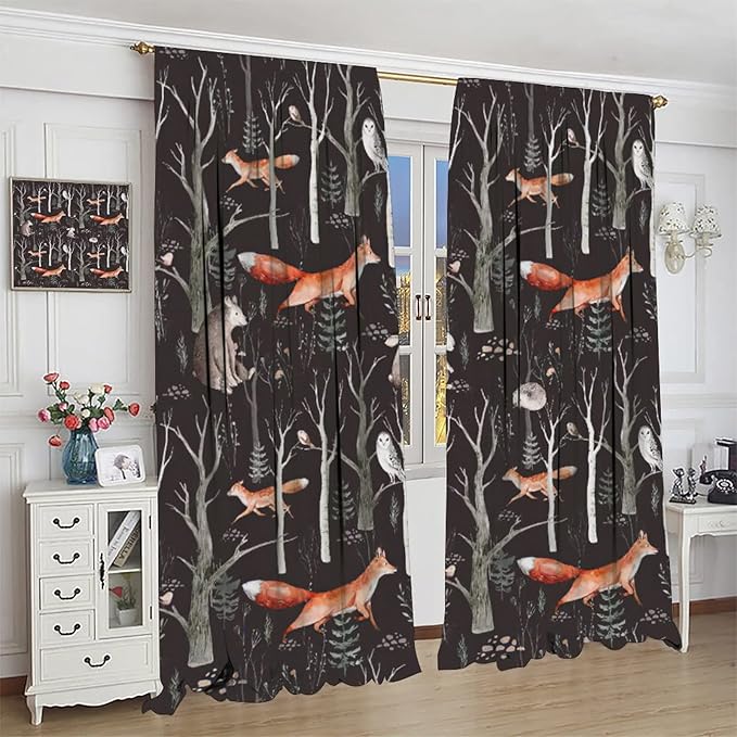 Rustic Forest Curtain, Woodland Country Hunting Animal Deer Fox Wildlife Bear Farmhouse Lodge Cabin Blackout Rod Pocket Windows Door Curtain for Bedroom Living Room Home Decor 84x84in