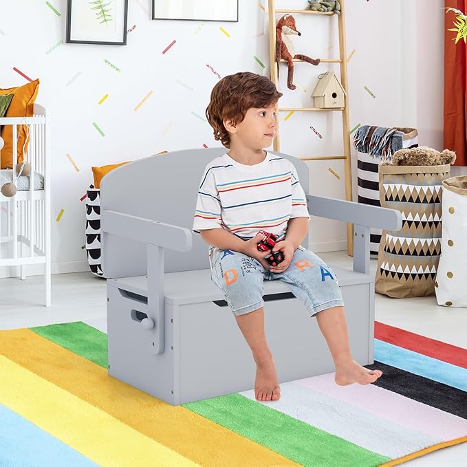 HONEY JOY Kids Table and Chair Set, 3-in-1 Convertible Wooden Toy Storage Bench with Handle, Toddler Furniture Set for Daycare Playroom, Gift for Boys Girls 3+ (Gray)