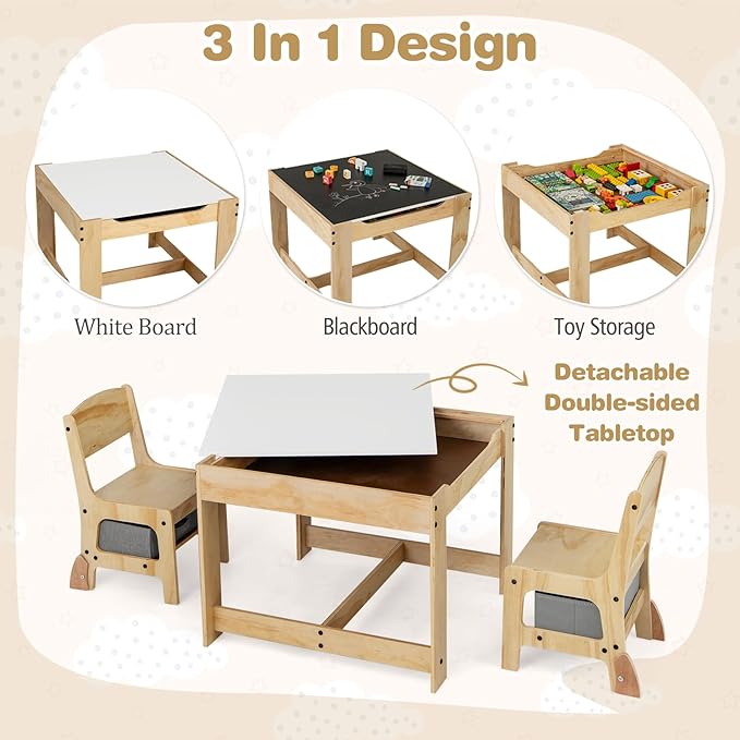 Costzon Kids Table and Chairs, 3 in 1 Wooden Activity Desk Set w/Double-Sided Tabletop, Storage Drawers and Reinforced Design for Drawing, Reading & Playing, Toddler Table and Chair Set (Gray)