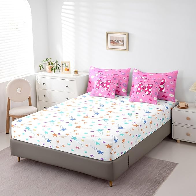 7 Pieces Pink Bowknot Kids Comforter Set King,Daisy Flowers Geometric Dot Patchwork Bedding Set,Bow Tie Cute Princess Dreamy Chic（Comforter+Fitted+Flat Sheet+2 Pillowcases+2 Throw Pillow Covers）