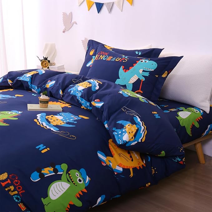 JSD Sports Dinosaur Kids Duvet Cover Set Twin Size, 2 Piece Cute Printed Microfiber Comforter Cover with Pillow Sham Zipper Closure, Comforter Not Included