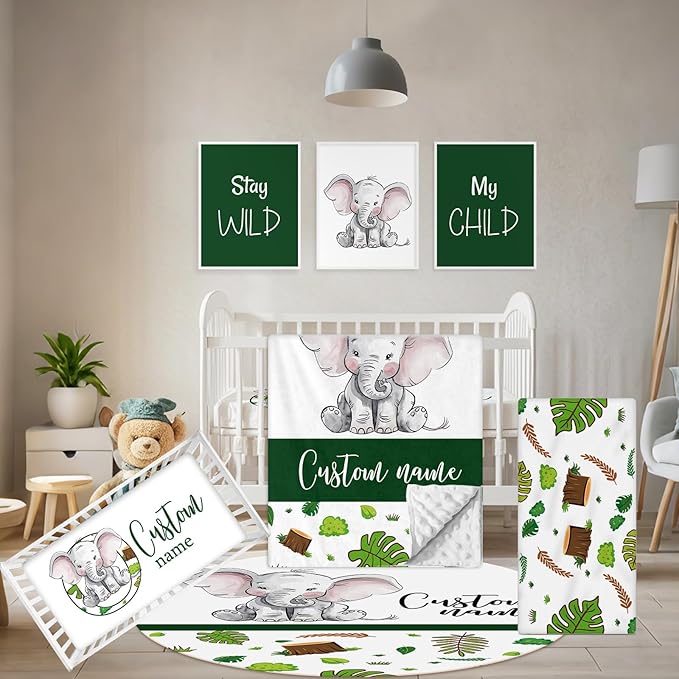 Personalized Baby Crib Set, 5 Pcs Baby Boy Crib Bedding Set, Custom Name Green Elephant Baby Crib Bedding Set Neutral, Double Layer Flannel Nursery Bedding Set, Infant Toddler Customized Gift