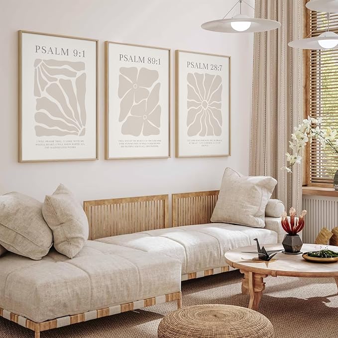Joocrise Scripture Christian Wall Art Set of 3 Beige Bible Verses Wall Decor Neutral Psalm Canvas Wall Art Modern Pictures Flower Prints Christian Artwork for Living Room Bedroom 24x36 Inch Unframed