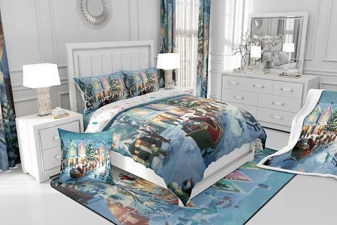 Feelyou Watercolor Christmas Comforter Set Toddler Size Santa Claus Bedding Set for Kids Boys Girls Reindeer Sled Duvet Quilt Xmas Tree Bedroom Decor Microfiber 2 Pcs with 1 Pillow Cases