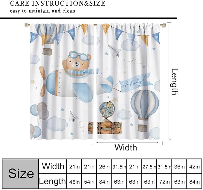 Blue Bear Curtains, Cute Lovely Bear Adventure Airplane Cloud Pastel Blackout Window Treatments, Rod Pocket Thermal Insulated Drapes 2 Panel Sets for Kids Bedroom Nursery Classroom, 42"W X 63"L