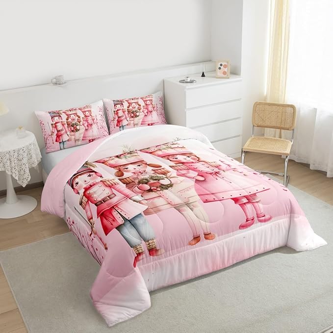 Feelyou Christmas Decor Nutcrackers Bedding Set Soft for Boys Girls, Pink Christmas Comforter Set Queen Size Pink Nutcrackers Duvet Quilt Berries Printed Room Decor Kawaii 3 Pcs with 2 Pillow Cases