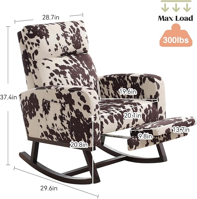 Rocking Chair Nursery with Foot Rest, Nursing Rocking Chairs for Mom Nursery, Rocker Glider with High Backrest for Living Room, Bedroom, Cow Printed