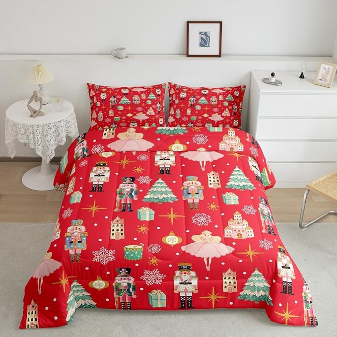 Erosebridal 7Pcs Red Christmas Comforter Set Full Size,Christmas Nutcracker Bedding Set,Girly Dreamy Princess Bed in A Bag,Xmas Pine Tree Snowflake Quilt with Flat Fitted Sheet,Red