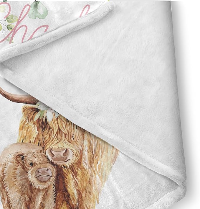 Custom Crib Bedding Set - Highland Cow Design Personalized Name Baby Nursery Bedding 3 Pcs Set - Chic Soft Blanket, Sheet, Pillowcase for Newborns Boys Girls Gifts Color24