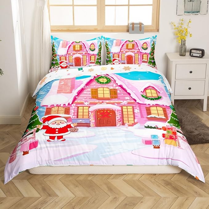 Feelyou Merry Christmas Pink Comforter Cover Set Cartton Cute Santa Claus Bedding Set Queen Size for Kids Boys Girls Bedroom Bed Decor Xmas Duvet Cover Set Soft Quilt Cover,No Comforter