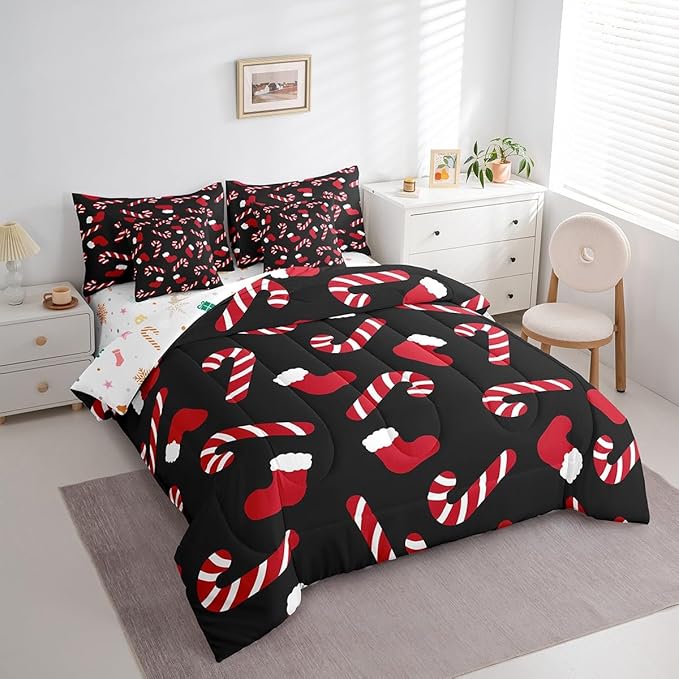 Merry Christmas Kids Bedding Set Xmas Theme Comforter Set with Sheets for Boys Girls Christmas Stockings Candy Decor Bed in a Bag Red Black Xmas Theme Bed Set 7Pcs King Size