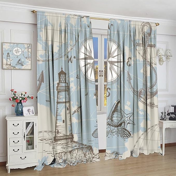 Nautical Costal Curtains, Compass Lighthouse Anchor Sailboat Pattern Blackout Print Home Bedroom Living Room Window Treatments 2 Panel Set 63x72 Inch