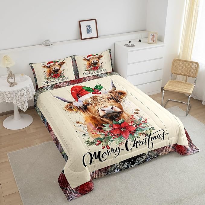 Castle Fairy Highland Cattle Comforter Set King Size,Merry Christmas Flowers Pine Trees Bedding Set All Season Quilt Set,Rustic Farmhouse Wooden Grid Plaid Microfiber Polyester Down Comforter