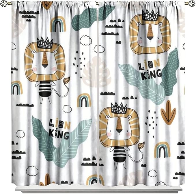 Cartoon Little Lion King Window Curtains for Baby Child,Cute Funny Forest Animals,Tropical Jungle Leaves Wildlife Boho Rainbow Print Blackout Drapes for Nursery Boys Girls Kids Bedroom 42x54 Inch