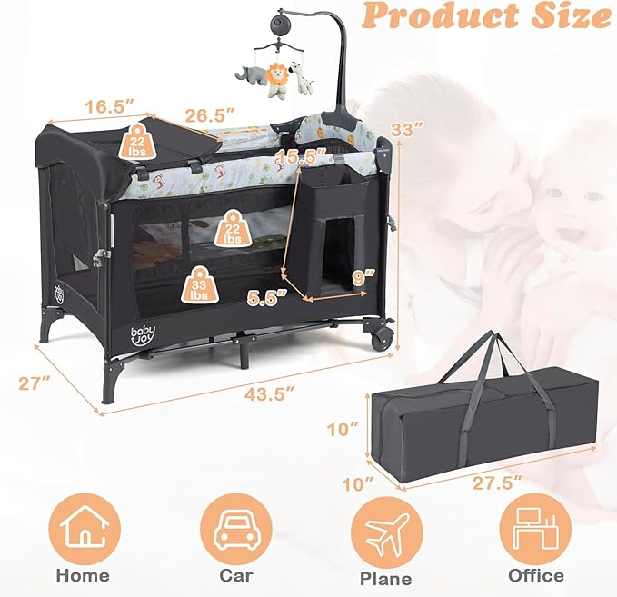 BABY JOY 4 in 1 Pack and Play, Baby Bedside Sleeper with Bassinet, 3 Adjustable Heights, Music Box, Easy to Install, Foldable Bedside Crib w/Changing Table, Playards from Newborn to Toddlers
