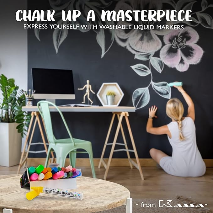 Kassa 20-Pack Liquid Chalk Markers | Includes 20 Colors with Reversible Bullet & Chisel Tips | Works on Chalkboards, Windows & Glass | Erasable & Dust-Free | Ideal for Use at Home & Office