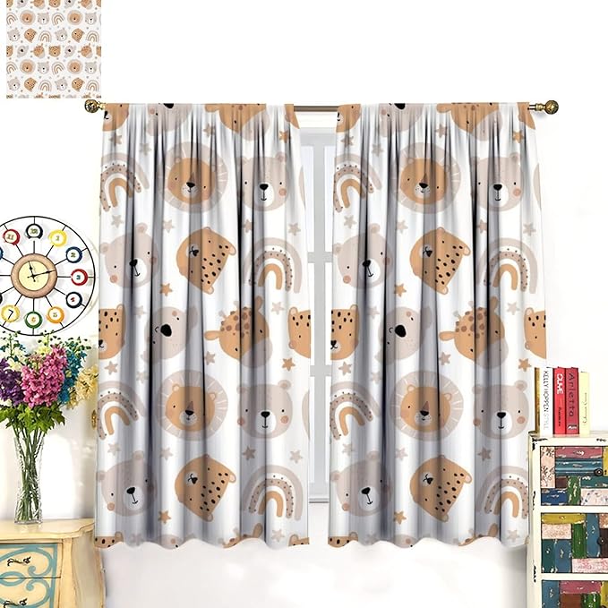 Cartoon Boho Animal Curtains,Funny Forest Safari Print,Cute African Wildlife Koala Giraffe Lion Leopard Bear Rainbow Blackout Window Drapes for Boys Girls Kids Baby Child Bedroom 72x63in