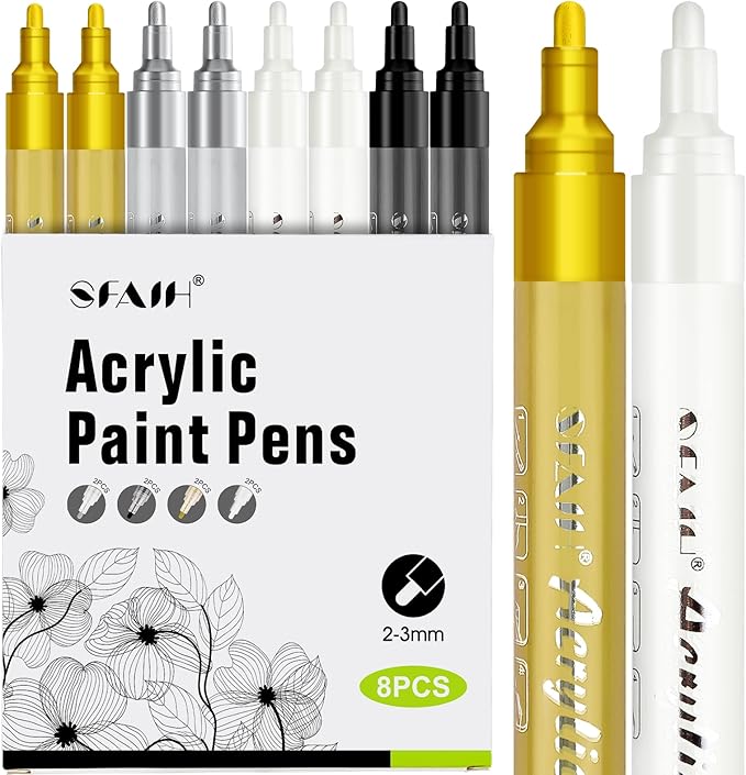 SFAIH Paint Markers Pens - 4 Colors 8 Pack Ultra-High Coverage Acrylic Paint Pens for Rock, Paper, Wood, Fabric, Glass, Metal, Ceramic, Painting, DIY Art Projects, Crafts, Large Capacity Permanent Ink