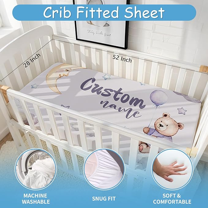 Personalized Crib Bedding Set, 5 Pcs Custom Name Crib Bed Set, Double Layer Nursery Bedding Sets Baby Girls Boys, Purple Bear Baby Crib Set for Infants Toddlers Kids Customized Gifts