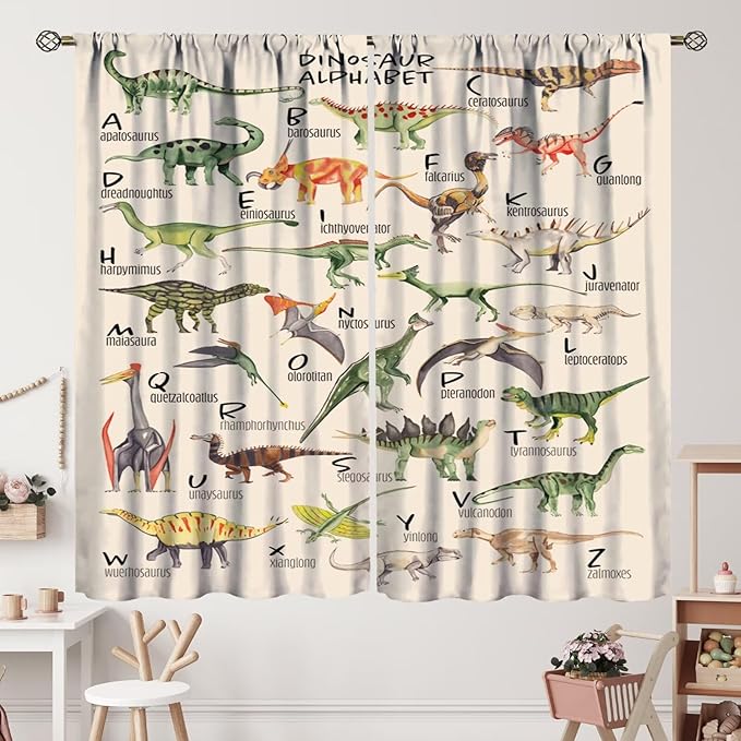 Dinosaur Curtains Cartoon Dino ABC Alphabet Pattern Educational Learning Theme Curtain with Rod Pocket for Kids Nursery Playroom Bedroom Drapes Window Treatments 2 Panels Set 63" W X 72" L