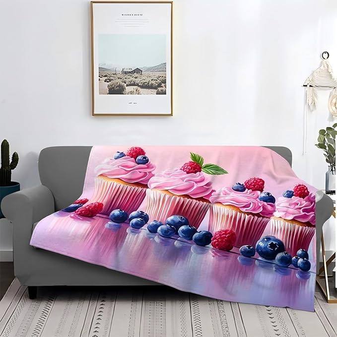 Tijuboni Pink Cupcakes Throw Blanket Dessert Gifts for Girls Women Boys Men Kids Adults Soft Flannel Fleece Blanket for Couch Sofa Bed Home Decor 60"x80"