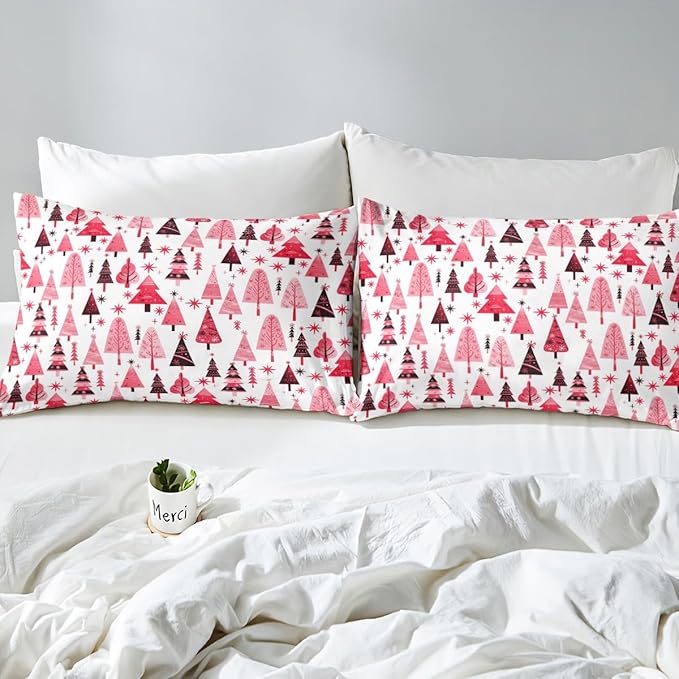 Manfei Pink Xmas Trees Duvet Cover Set Full Size, Christmas Theme Bedding Set 3pcs for Kids Boys Girls Adults, Happy New Year Comforter Cover Soft Polyester Quilt Cover with 2 Pillowcases,No Comforter