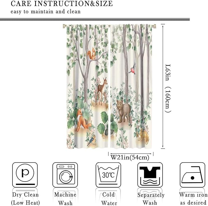 Forest Animal Curtains,Fox Elk Bird Animal Watercolor Woodland Print Curtains Kids Nursery Bedroom Living Room Home Decoration 42x63in